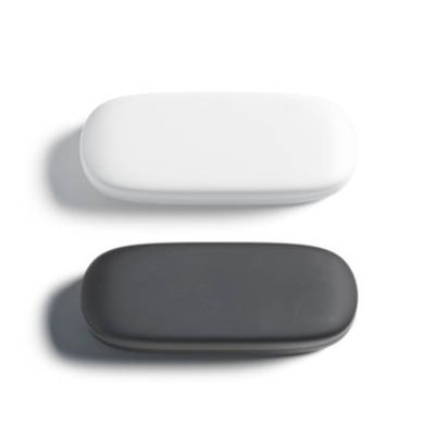 Blank black and white closed glasses case mockup set, isolated, 3d rendering. Empty horizontal optical box mock up, top view. Clear spectacle protector container mokcup template.